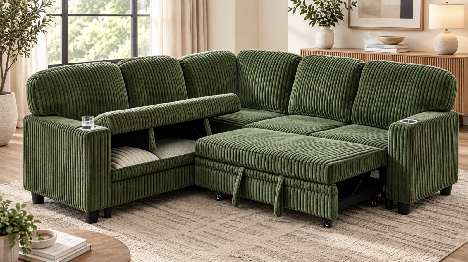 Lafayette Corduroy Sleeper Sectional, green, beige, grey