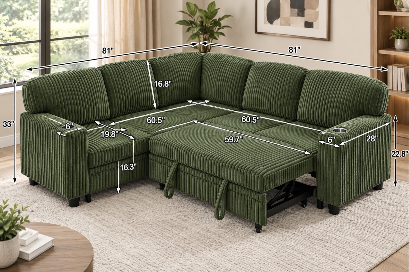 Lafayette Corduroy Sleeper Sectional, green, beige, grey, view 2