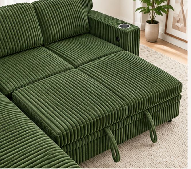 Lafayette Corduroy Sleeper Sectional, green, beige, grey, view 3