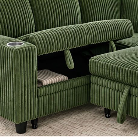 Lafayette Corduroy Sleeper Sectional, green, beige, grey, view 4