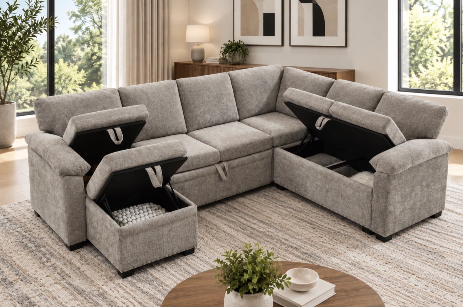 Montclair Storage Sleeper Sectional, grey, dark blue