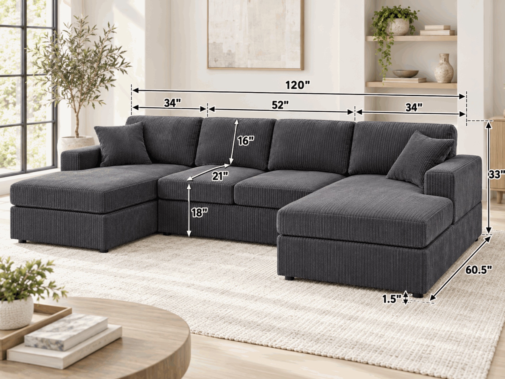 Moraga Double-Chaise Sectional, charcoal grey, view 3