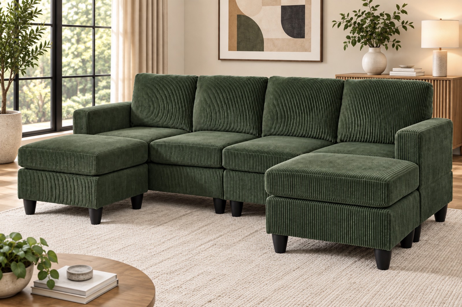 Temescal Corduroy Sectional, green, view 2