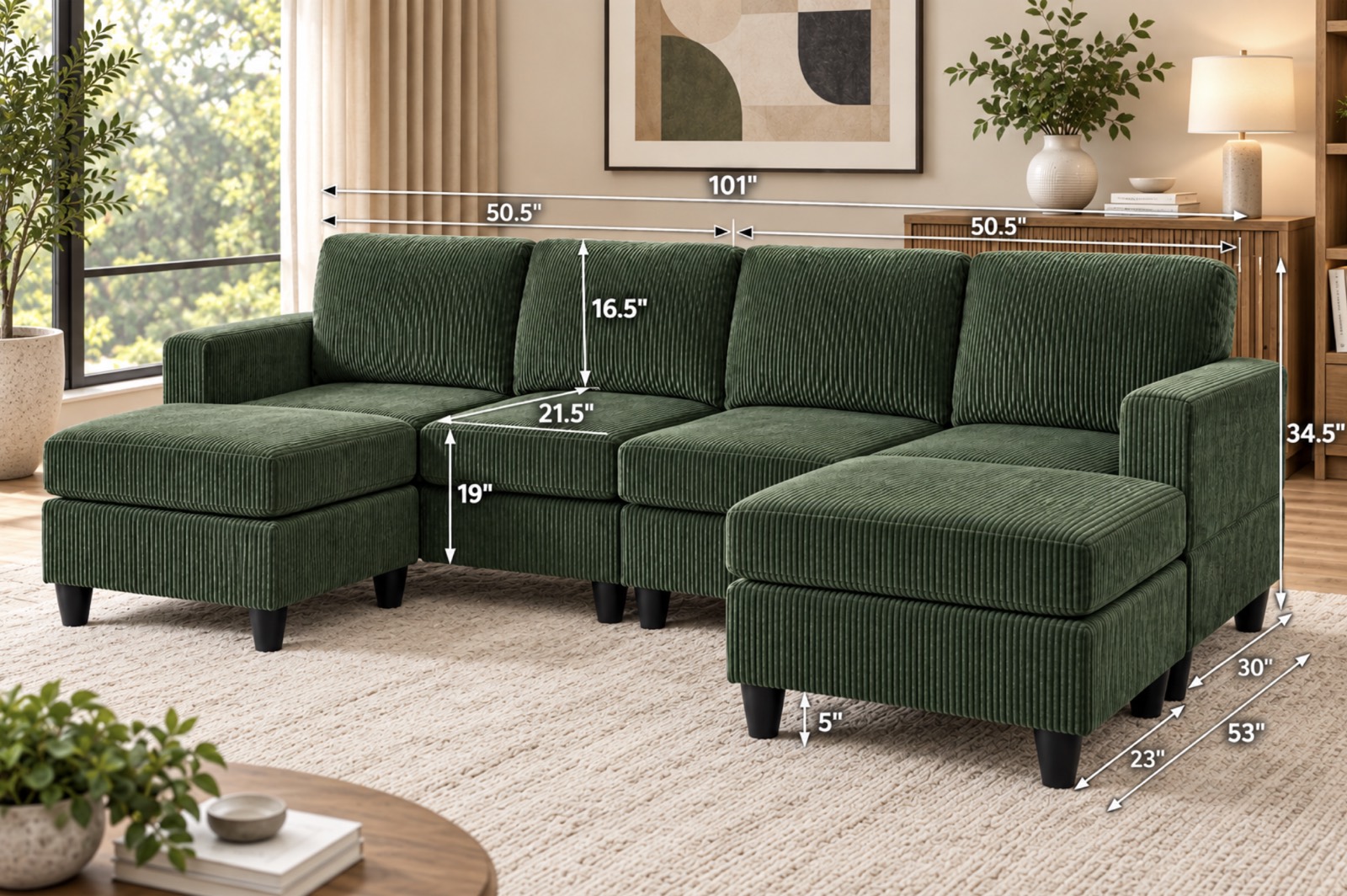 Temescal Corduroy Sectional, green, view 3